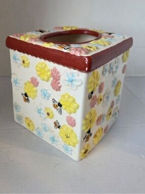 Vintage Ceramic Tissue Box Cover Floral Bumblebee Print Blue Yellow Pink